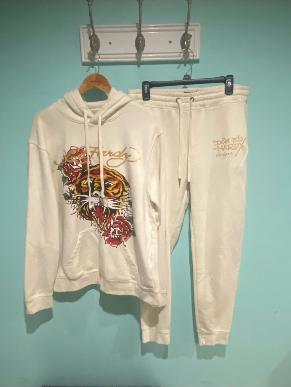 Ed Hardy Cream Sweat Set with Tiger & Rose Print